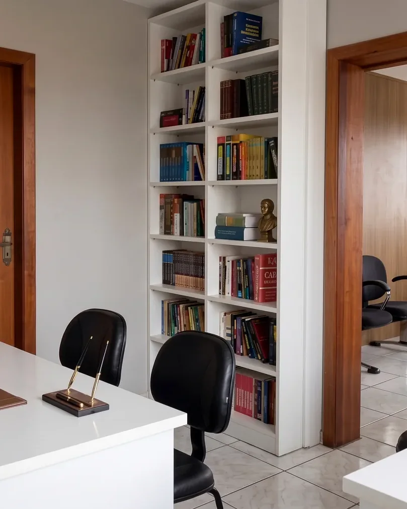 Sala do escritório Becker & Fisch em São Leopoldo, com estante de obras jurídicas e mesas de trabalho