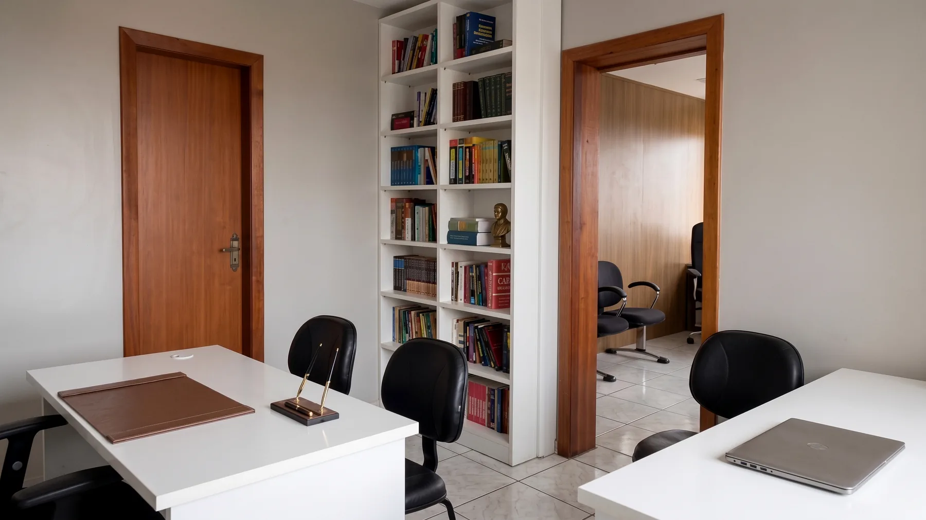 Biblioteca do escritório, com estante de obras jurídicas entre duas salas de trabalho